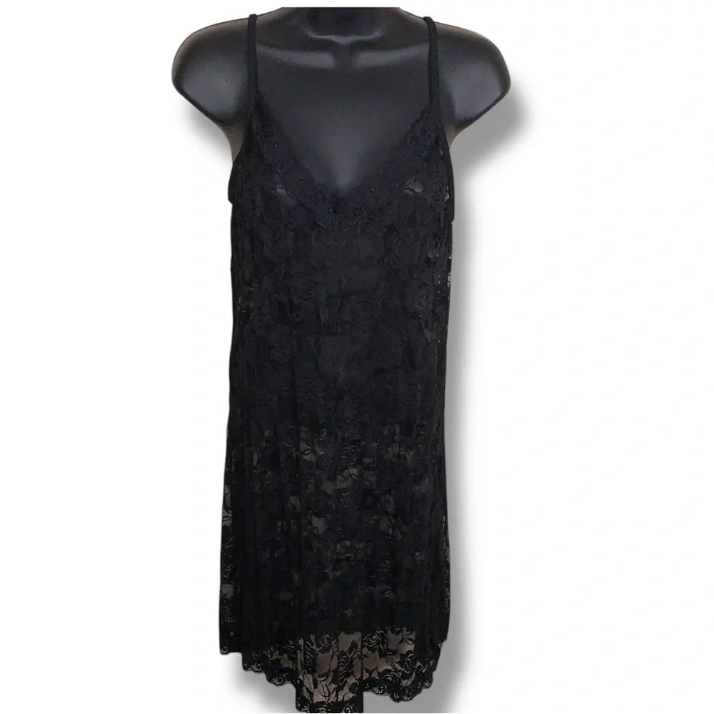 Vintage Small Black Lace Chemise Dress Sheer Retro 90s Era Goth Pinup Glam Vneck